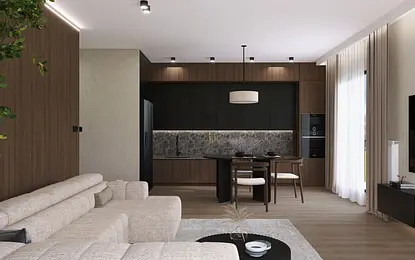 Wnętrze salonu w stylu nowoczesnym i soft minimalizm z beżową sofą i drewnianymi akcentami.