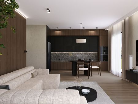 Wnętrze salonu w stylu nowoczesnym i soft minimalizm z beżową sofą i drewnianymi akcentami.