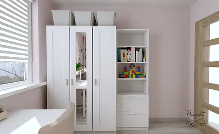 Wnętrze pokoju dziecięcego z białymi meblami i kolorowymi zabawkami, styl współczesny.