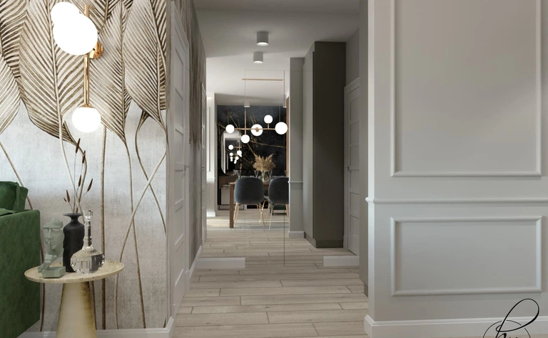 Nowoczesny korytarz z zieloną sofą i designerskimi lampami