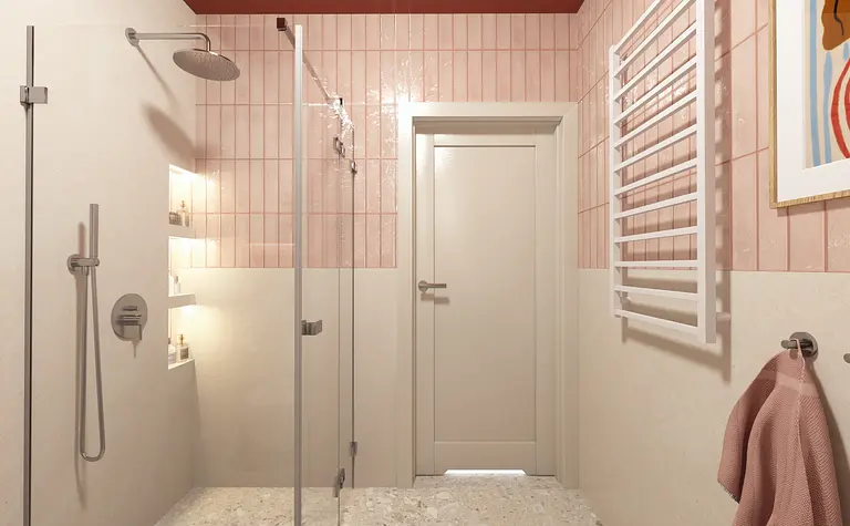 Wnętrze łazienki z różowymi płytkami, prysznicem i białymi akcentami, styl art deco, dopamine decor, nowoczesny.