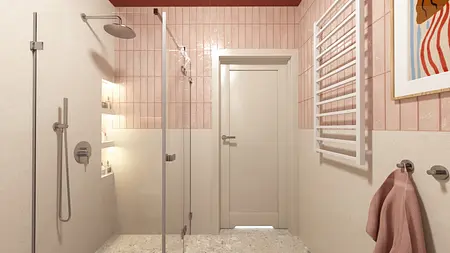 Wnętrze łazienki z różowymi płytkami, prysznicem i białymi akcentami, styl art deco, dopamine decor, nowoczesny.