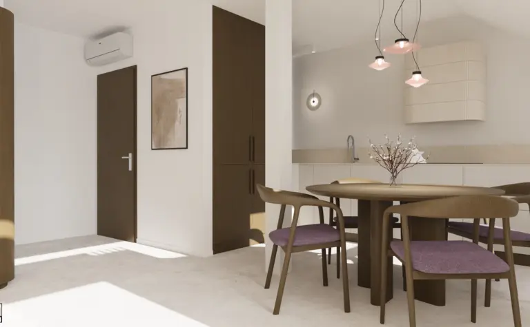 Wnętrze kuchni z drewnianymi meblami, minimalistyczne akcenty i oświetlenie art deco.