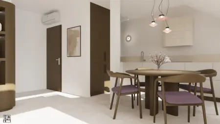 Wnętrze kuchni z drewnianymi meblami, minimalistyczne akcenty i oświetlenie art deco.