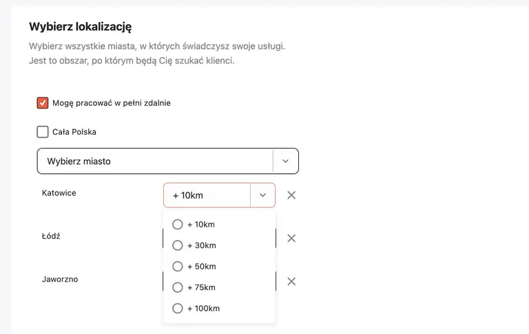 Interfejs wybierania lokalizacji dla usług z miastami i odległością