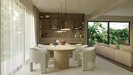 Jadalnia w stylach boho, japandi i minimalistycznym z drewnianym stołem.