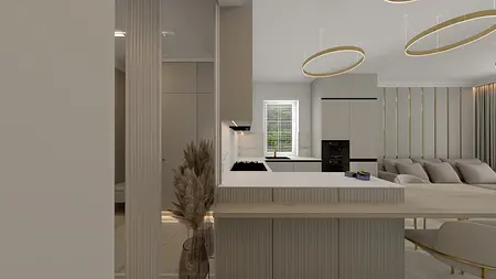 Kuchnia w stylu art deco i glamour z beżowymi meblami i złotymi detalami.