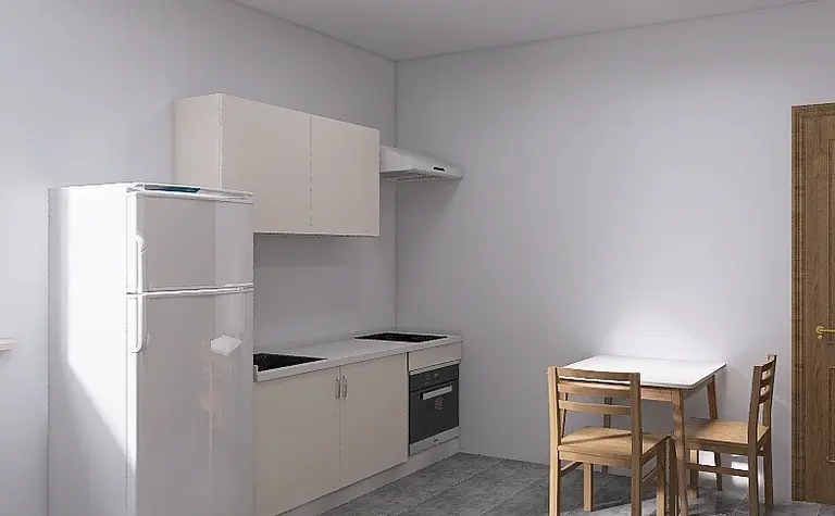 Kuchnia minimalistyczna z białymi meblami i drewnianym stołem