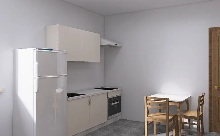 Kuchnia minimalistyczna z białymi meblami i drewnianym stołem