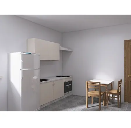 Kuchnia minimalistyczna z białymi meblami i drewnianym stołem