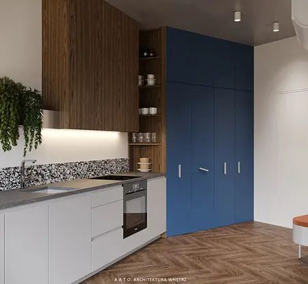 Kuchnia w stylu eklektycznym z drewnianymi i niebieskimi meblami, industrialnymi detalami.