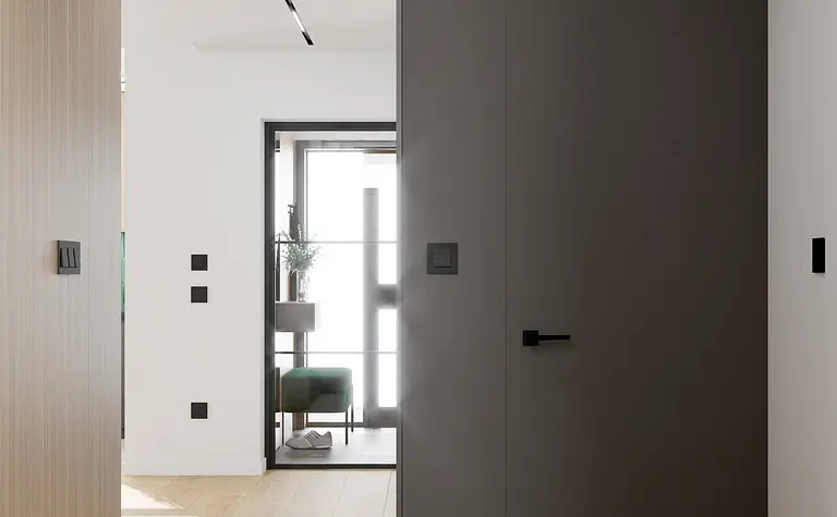 Nowoczesny przedpokój z minimalistycznym wystrojem i drewnianą podłogą.