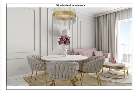 Stylowy salon glamour z różowymi meblami i eleganckim oświetleniem.