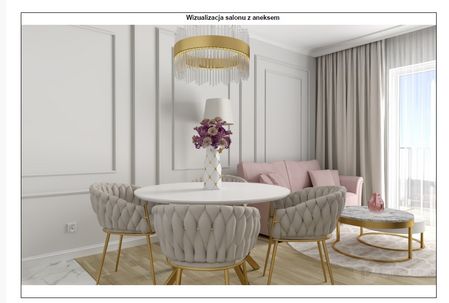 Stylowy salon glamour z różowymi meblami i eleganckim oświetleniem.