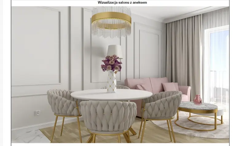Stylowy salon glamour z różowymi meblami i eleganckim oświetleniem.