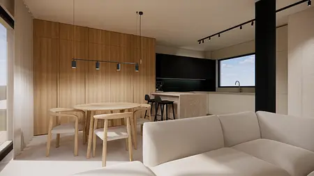 Wnętrze kuchni w stylu japandi i minimalistycznym z drewnem i nowoczesnymi detalami.