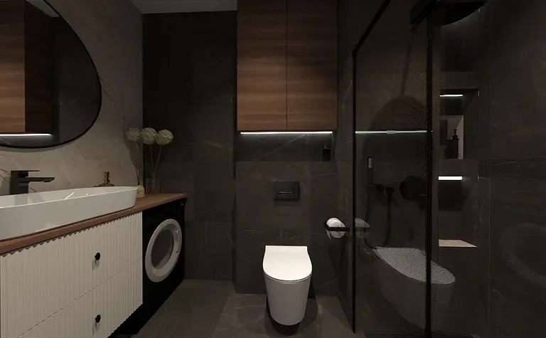 Współczesna łazienka z drewnianymi meblami i szarymi płytkami.