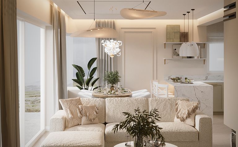 Wnętrze salonu w stylu boho, eklektycznym i glamour z jasnymi meblami.