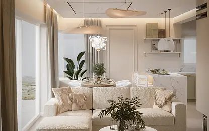 Wnętrze salonu w stylu boho, eklektycznym i glamour z jasnymi meblami.