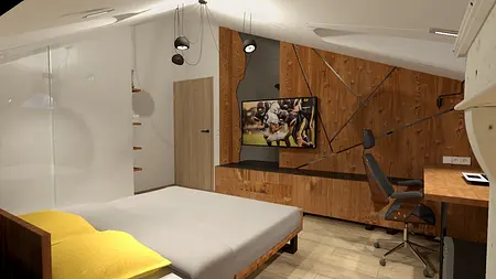Wnętrze pokoju z drewnianymi meblami i biurkiem, rustykalny styl