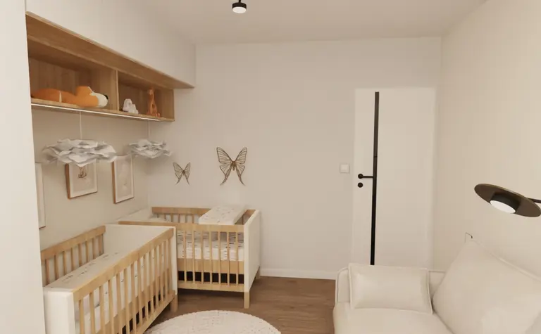 Pokój dziecięcy w stylu minimalistycznym z drewnianymi łóżeczkami i jasnymi akcentami.