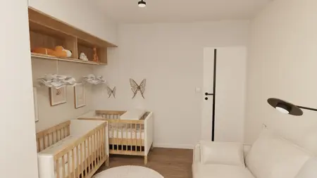 Pokój dziecięcy w stylu minimalistycznym z drewnianymi łóżeczkami i jasnymi akcentami.