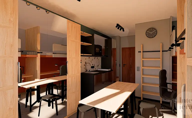 Wnętrze kuchni z drewnianymi meblami, minimalistycznym stylem i nowoczesnym wykończeniem.