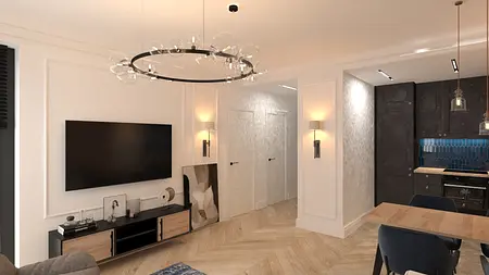 Wnętrze z telewizorem, drewnianą podłogą, nowoczesnymi lampami.