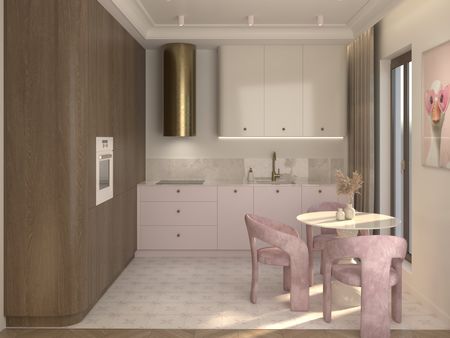 Wnętrze kuchni minimalistycznej z różowymi meblami i drewnianymi detalami.