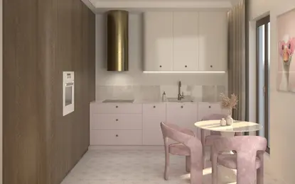 Wnętrze kuchni minimalistycznej z różowymi meblami i drewnianymi detalami.