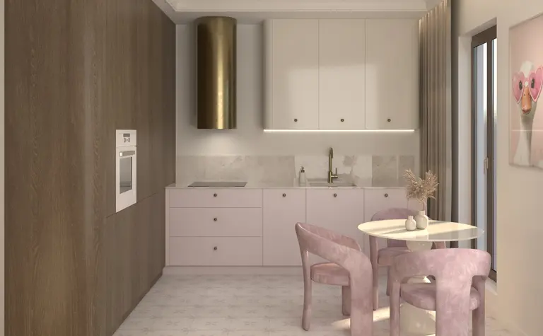 Wnętrze kuchni minimalistycznej z różowymi meblami i drewnianymi detalami.