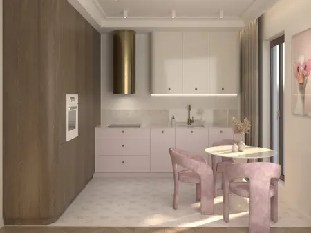 Wnętrze kuchni minimalistycznej z różowymi meblami i drewnianymi detalami.