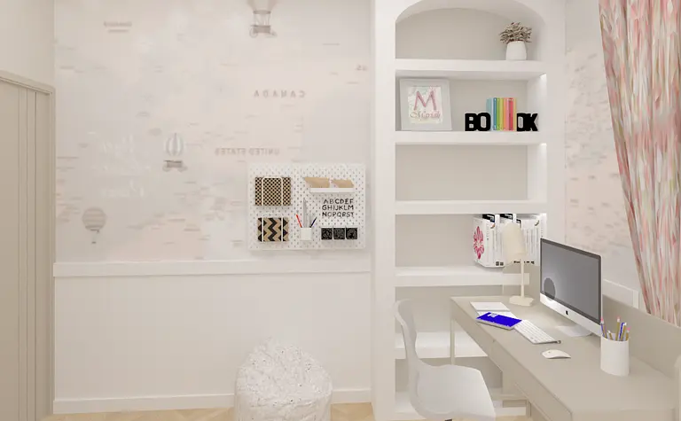 Wnętrze pokoju dziecięcego w stylu nowoczesnym i soft minimalizm z biurkiem i regałem.