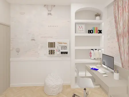 Wnętrze pokoju dziecięcego w stylu nowoczesnym i soft minimalizm z biurkiem i regałem.