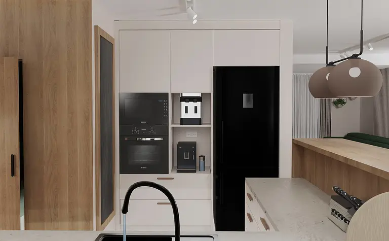 Nowoczesna kuchnia z drewnianymi meblami, czarnymi urządzeniami i jasnymi akcentami.