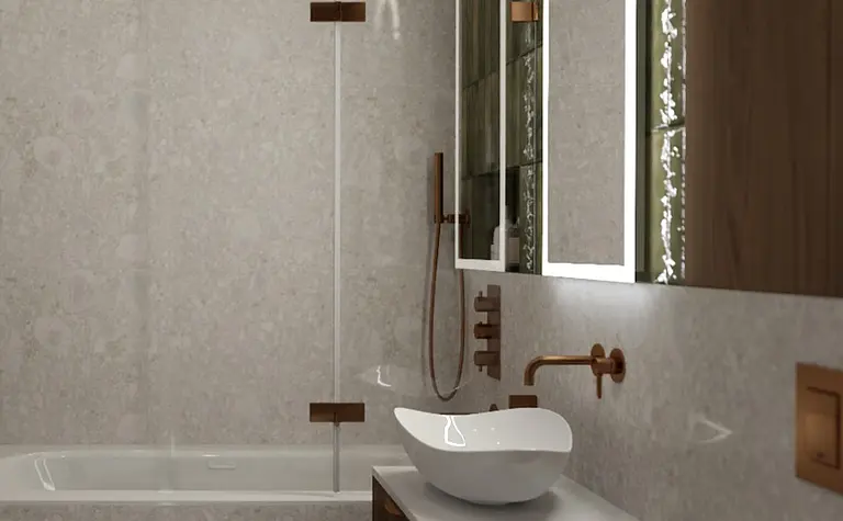 Współczesna łazienka z wanną, umywalką i drewnianymi detalami.