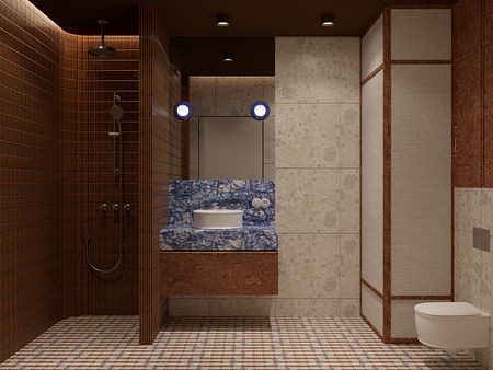 Wnętrze łazienki w stylu eklektycznym z niebieskim blatem i brązowymi kaflami.