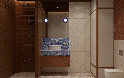 Wnętrze łazienki w stylu eklektycznym z niebieskim blatem i brązowymi kaflami.