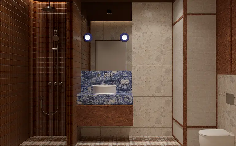 Wnętrze łazienki w stylu eklektycznym z niebieskim blatem i brązowymi kaflami.