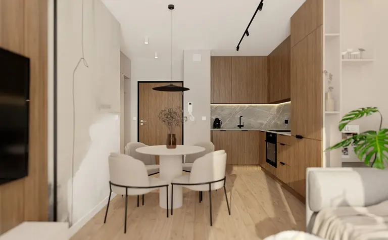 Wnętrze kuchni w stylu japandi z drewnianymi meblami, minimalistycznym wykończeniem i nowoczesnym blatem.