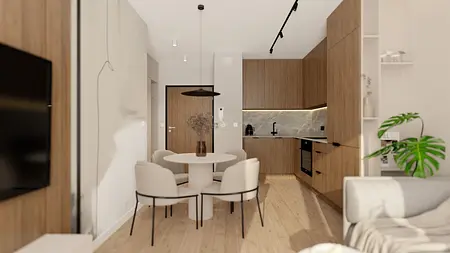 Wnętrze kuchni w stylu japandi z drewnianymi meblami, minimalistycznym wykończeniem i nowoczesnym blatem.