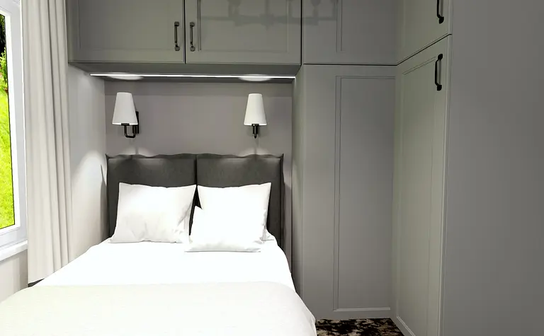 Wnętrze sypialni z szarym łóżkiem, białą pościelą oraz nowoczesnymi lampkami.