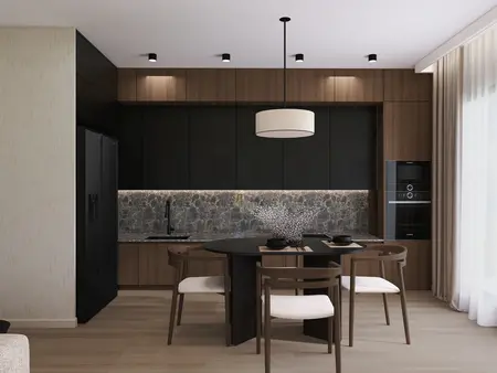 Wnętrze nowoczesnej kuchni w stylu soft minimalizm z czarnymi meblami i drewnianymi akcentami.