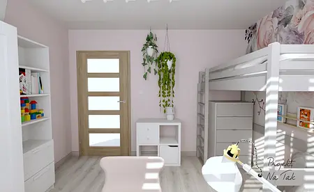 Współczesny pokój dziecięcy z białym łóżkiem, regałem i roślinami.