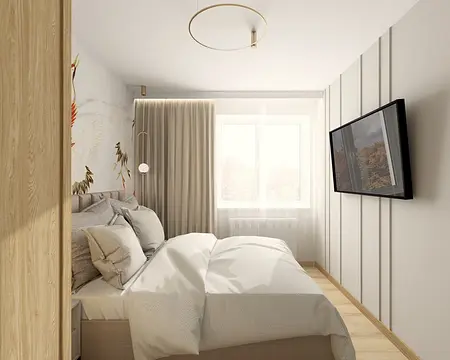 Eklektyczna sypialnia w stylu japandi z drewnianymi detalami i jasnymi tkaninami.