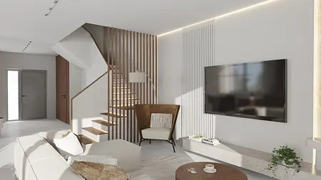 Wnętrze salonu w stylu eklektycznym z minimalistycznym akcentem, nowoczesne meble i rośliny.