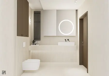 Nowoczesna łazienka z białą umywalką, brązowymi meblami, art deco, minimalizm