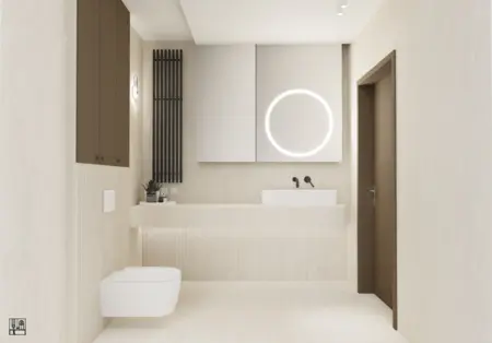 Nowoczesna łazienka z białą umywalką, brązowymi meblami, art deco, minimalizm