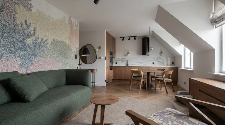 Wnętrze salonu z zieloną sofą, drewnianymi meblami i akcentami art deco oraz skandynawskim stylem.