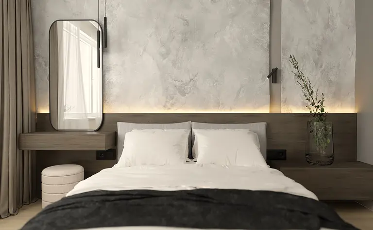 Sypialnia w stylu japandi, minimalistycznym i nowoczesnym z szarymi ścianami i drewnianymi detalami